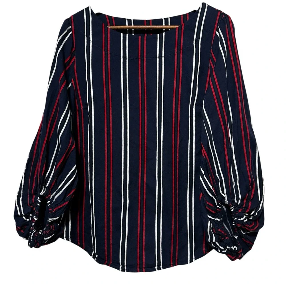 CABI Balloon Sleeve Stripe Blouse Preppy Coastal Minimalist Navy Red - Picture 2 of 7
